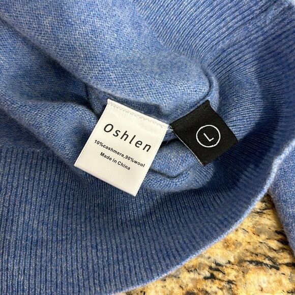 Oshlen V-Neck Blue Long Sleeve Sweater Soft Cashmere Wool Size L - Picture 7 of 10